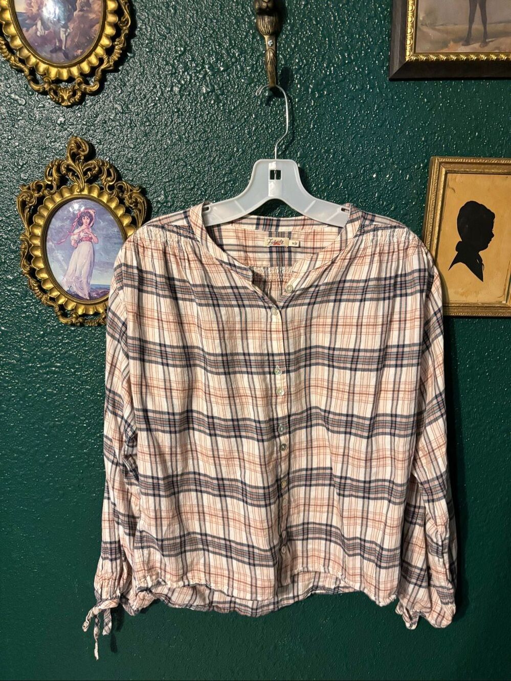 Faherty Everleigh Top Medium Button Up Womens Plaid Tie Cuffs Round Neck Blouse